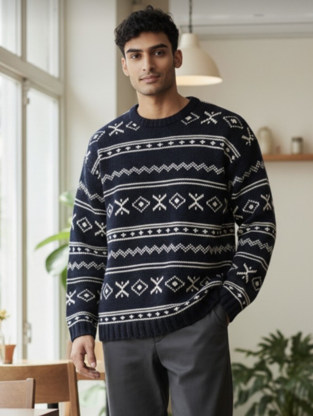 VTG Old Navy 100% Lambswool Fair Isle Sweater Mens Size XL Navy Pattern Soft Y2K